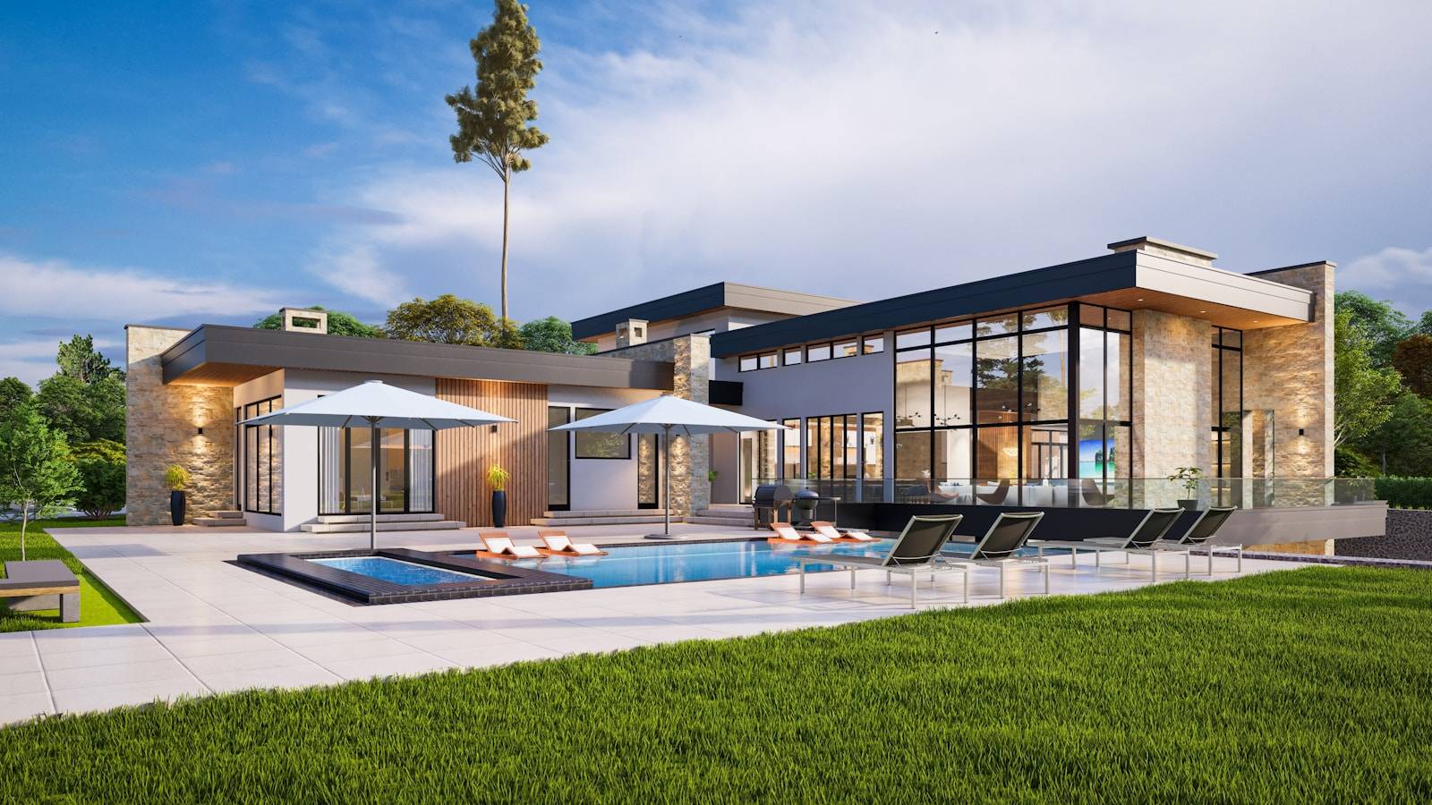 Stone and glass estate with resort pool and lounge terrace at golden hour